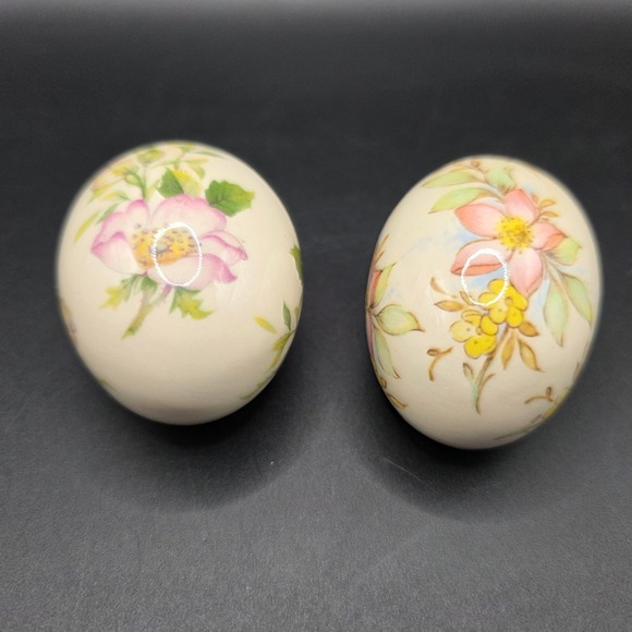 The Egg Lady Other - The Egg Lady Vintage Hand Painted Floral Ceramic Eggs Set of 2 Ivory Pink Yellow